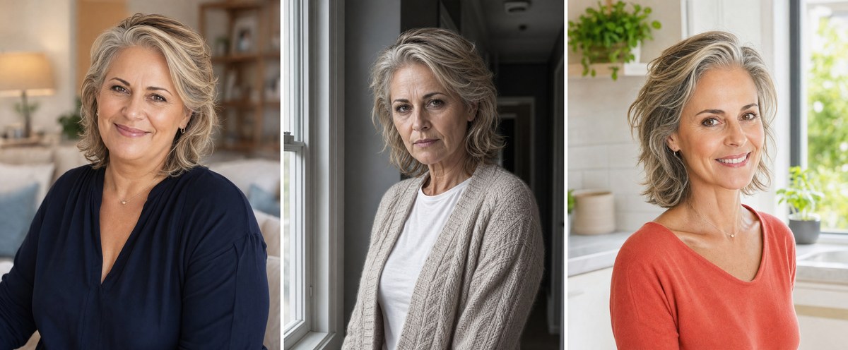 Dezelfde vrouw: voller gezicht, na snel afvallen, na geleidelijk afvallen