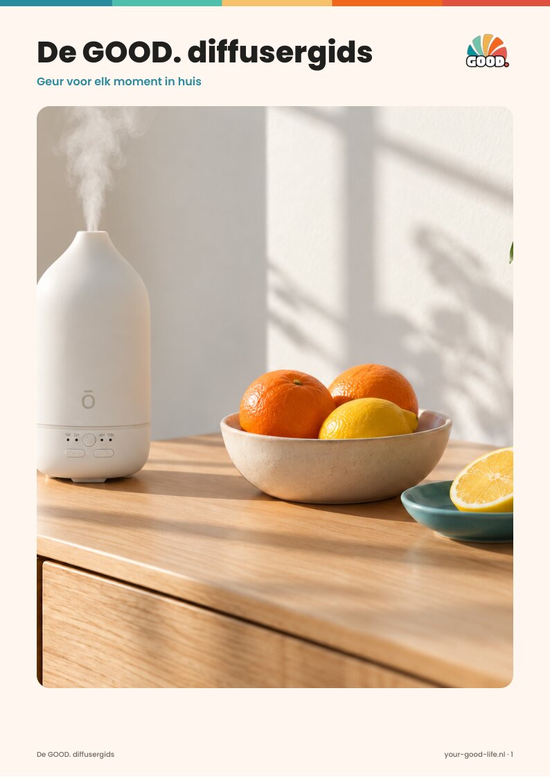 De voorkant van de GOOD. diffusergids: een witte diffuser op een opgeruimd dressoir met sinaasappels en citroen