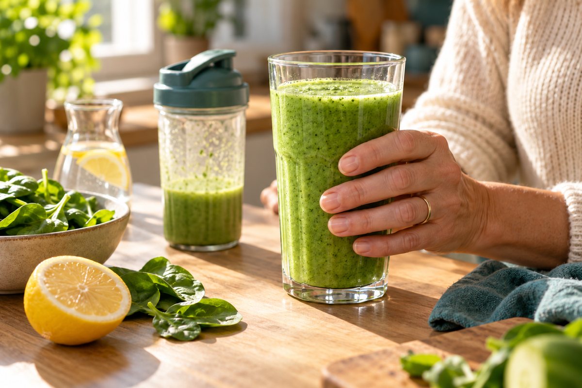 Een hand pakt een glas groene ochtendshake van het aanrecht, met spinazie, citroen en een karaf water