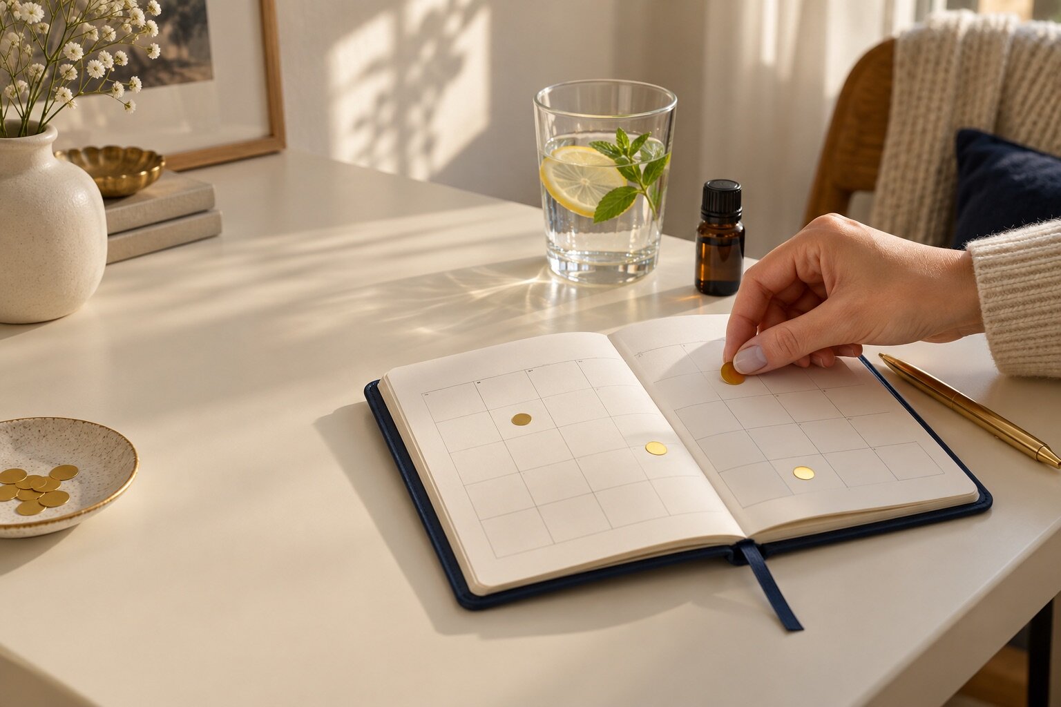 Een hand plakt een gouden sticker op een dag in de planner