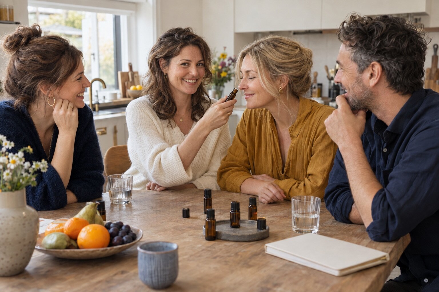 Een workshop aan de keukentafel, iemand ruikt aan een olie