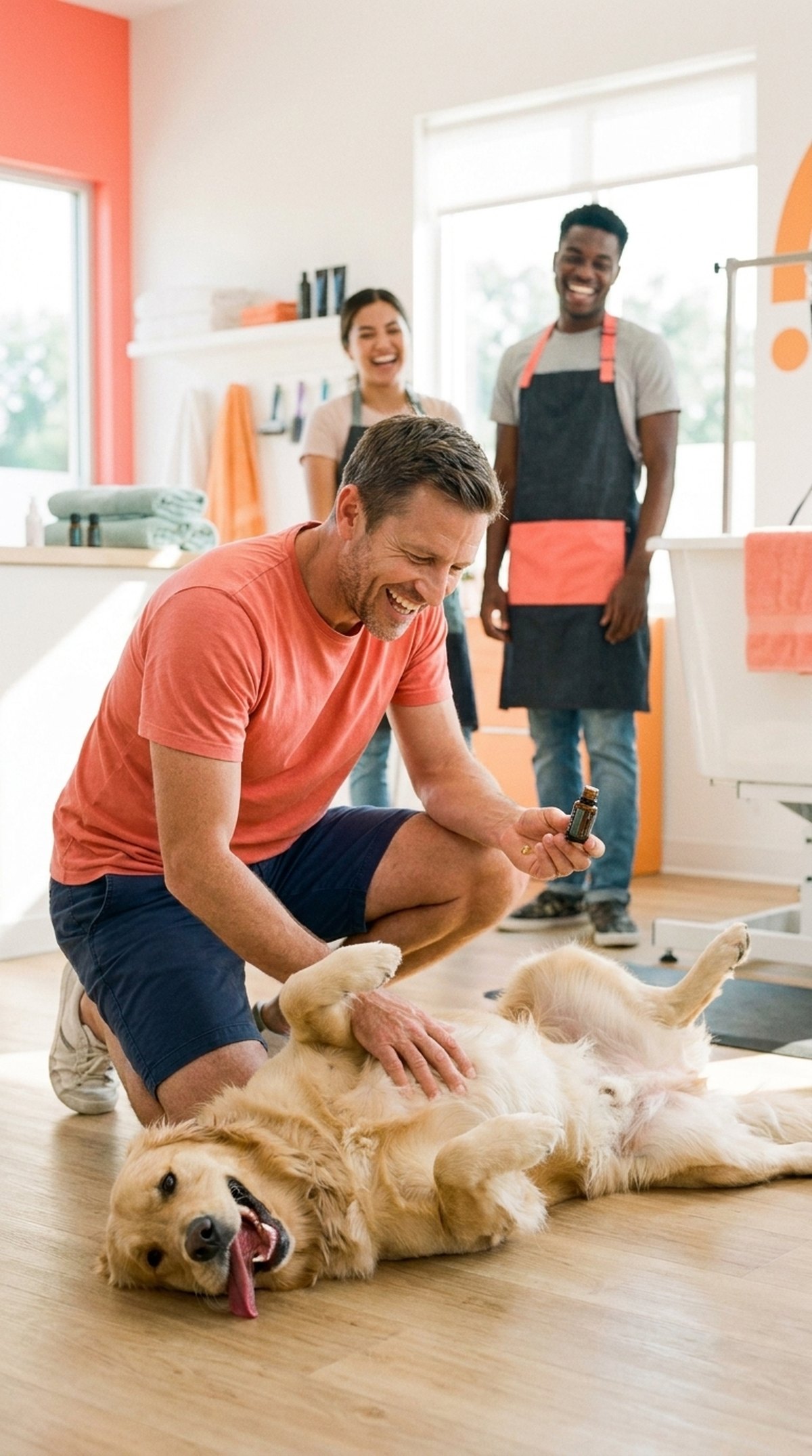 Tom zit op de grond in de trimsalon; hond Max ligt op zijn rug voor een buikmassage terwijl collega's lachend toekijken.