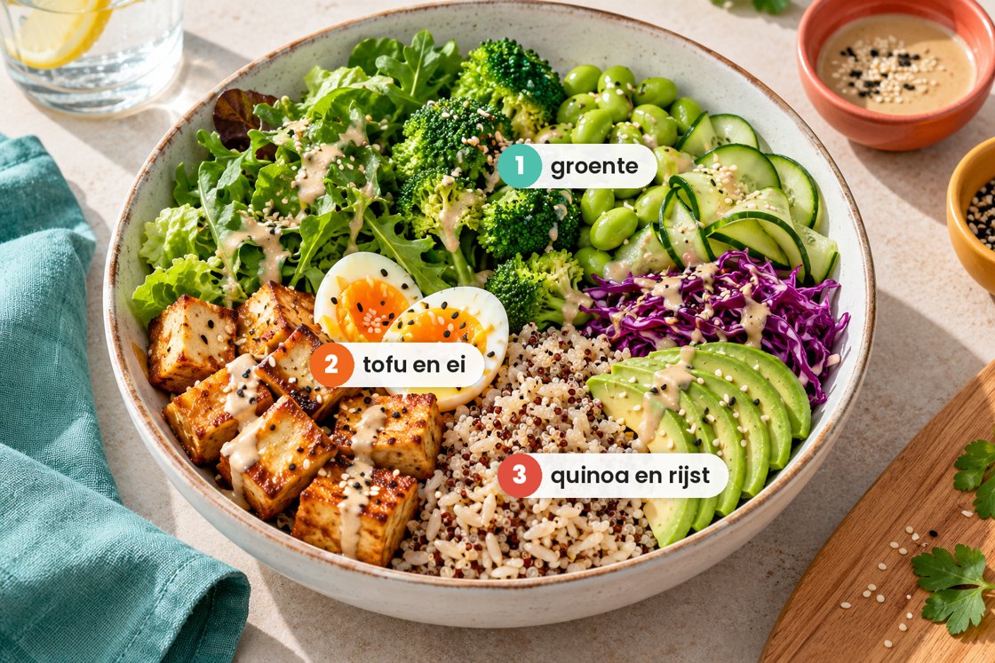 Een GOOD. Bowl met nummers: 1 groente, 2 tofu en ei, 3 quinoa en rijst